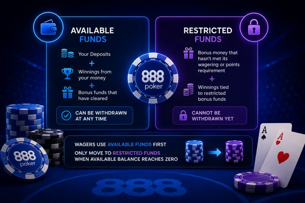 Available and restricted funds explained for 888 Poker Canada