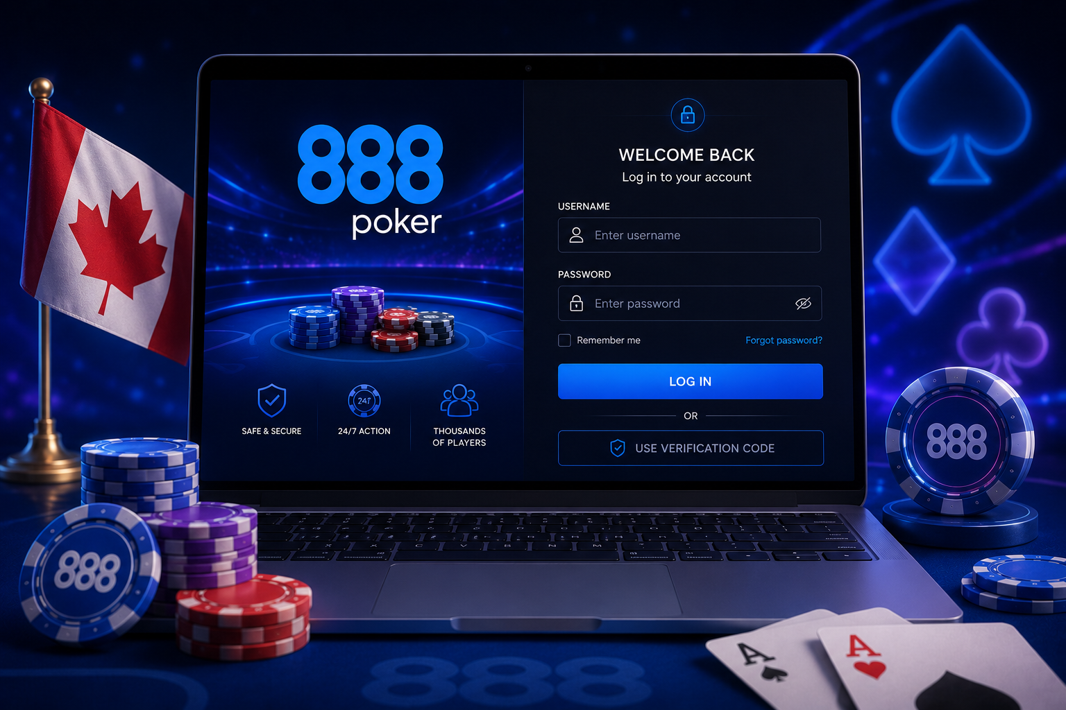 888 Poker login mobile and desktop screens in Canada